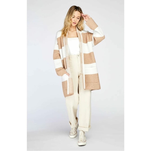 Gentle Fawn Tan and White Striped Cardigan oversized - Picture 2 of 10